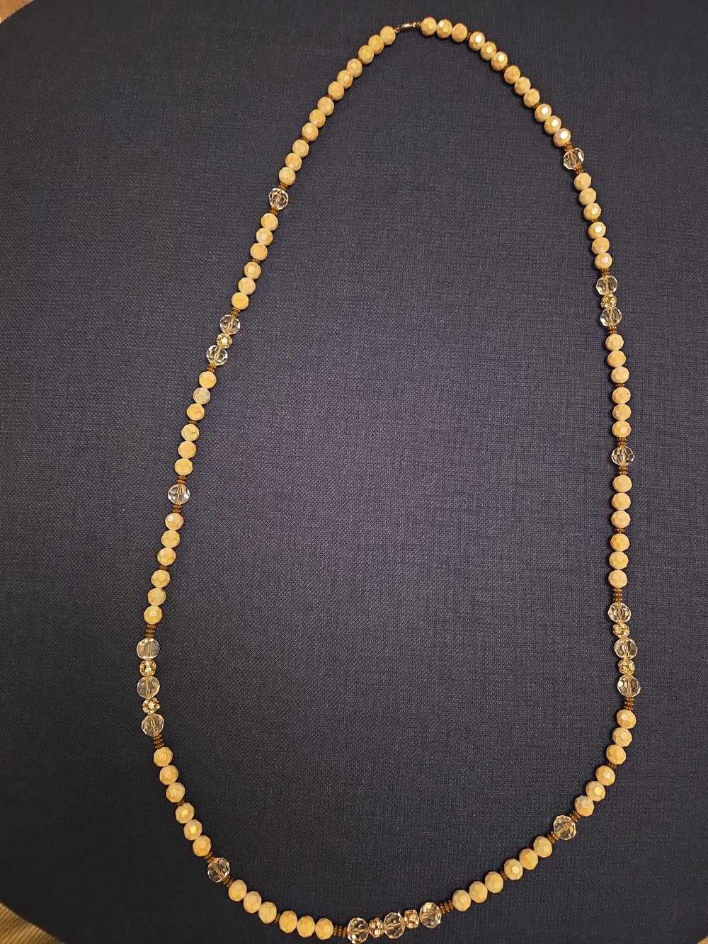 Vintage Long Faceted Glass Bead Necklace Cream AB Crystal Gold Tone Opera Length